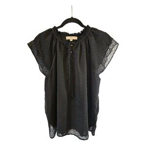 LOFT BLACK SWISS DOT SHEER TOP WITH RUFFLE NECK TIE SIZE LARGE